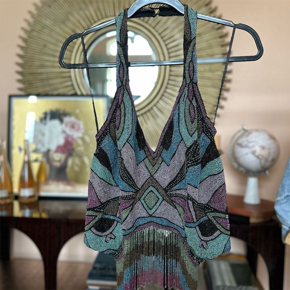 River Island Women's L Multicolor Beaded Halter Neck Fringe Tank Top